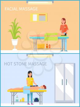 Facial massage and hot stone treatment set of people relaxing on table of messages vector. lotions and creams, aroma candles and plants decoration