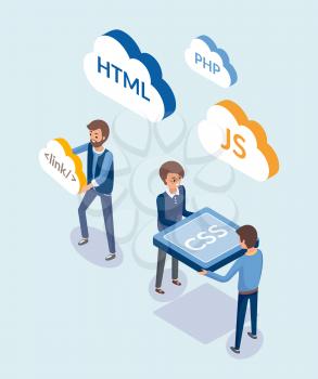 Web development, people with coding languages vector. Programmers with clouds, javascript and html, css design element of sites. Workers with script