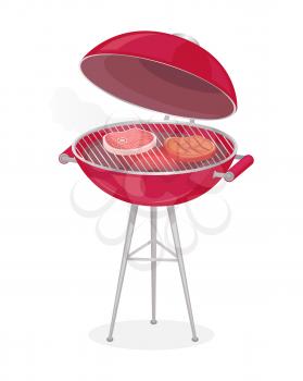 Round grill for barbecue vector badge in cartoon style. Picnic equipment with cover and handles on tripod with frying steak on grille, isolated poster