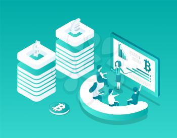Blockchain comparison of currencies isolated isometric icon set. Bitcoin and dollar, euro and people studying cryptocurrency details on laptops vector