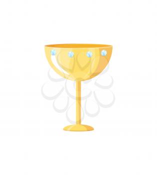 Award in cup form with precious expensive stones icon closeup. Reward for victory, golden prize. Trophy shiny element isolated on vector illustration