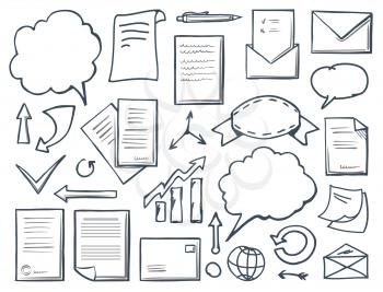 Office paper and charts with arrows vector. Thought bubbles and increasing pointer, indicator with sharp top, message and envelope, globe and banner