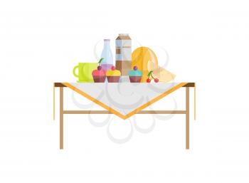 Food composition on table with cupcakes and milk in pack or bottle. Cherry with melon, cup on tablecloth, fruit near desserts vector illustration.