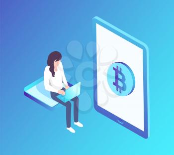 Bitcoin woman sitting with laptop, using gadget for mining cryptocurrency. Isolated isometric icon of female and big screen currency logotype vector