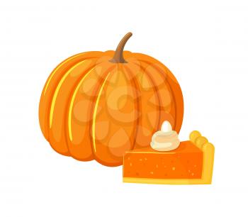Pumpkin vegetable and cake dessert with cream isolated icons set vector. Fresh food and sweet meal, symbols of thanksgiving holiday cuisine cooking