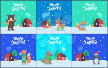 Merry Christmas bear with candy and fox with present set of posters with greeting text vector. Wolf and reindeer, penguin wearing Santa Claus hat