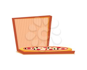 Pizza in paper disposable box, round baked dough with salami, cheese and tomatoes. Fast rustic cooking dish with meat, vegetables and mozzarella vector