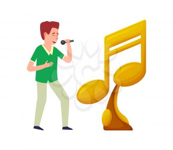 Singer with microphone, music notes golden trophy award isolated. Prize for best song, vector singing character and victory symbol, karaoke festival