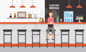 Coffee house or bar interior design, counter and stool vector. Man with coffee and laptop, grinder and turk, dessert cakes and menu, fridge and brick wall