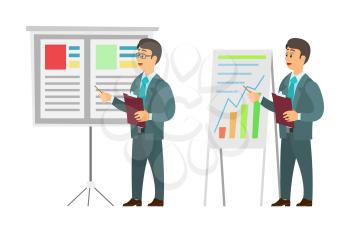 Boss with whiteboard and information vector, business conference explanation of plan. Board with infographics and charts, growing schemes data text