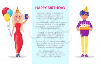 Birthday party celebration, man in festive hat with cake and woman with balloons making selfie. Bday with sweets, happy couple greeting card with text in frame