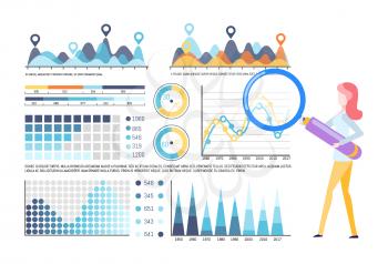 Infographics and infocharts vector, editable info representation. Woman working with tool, investigating results. Magnifying glass zooming instrument