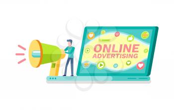 Online advertising website, laptop with screen of web ad, commercial decorated by email and play icons. Man standing with megaphone, loudspeaker vector