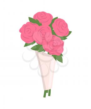 Roses composition vector, isolated icon of flowers in bouquet. Isolated floral decoration, decorative blossom with petals, foliage and leaves present