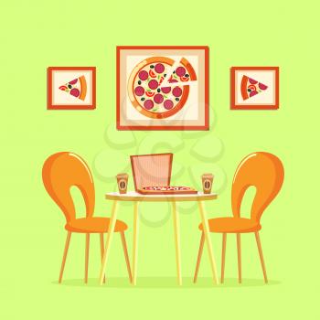 Restaurant table with pizza pictures decoration on wall vector. Box with Italian pizzeria, slices of prepared meal with tomatoes salami cheese ingredients