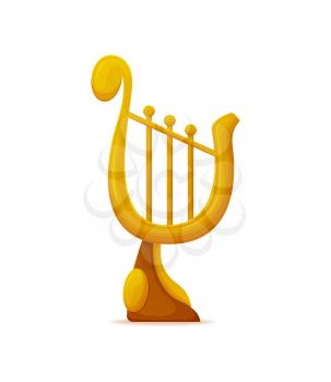 Golden lira award, vertical prize with strings. Musical old-fashioned instrument, vertically 3D trophy on white, symbol of classical melody vector