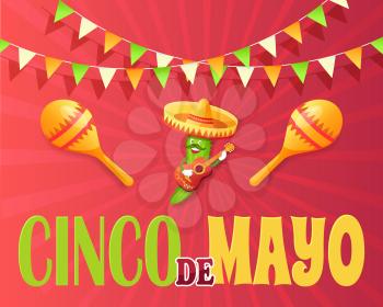 Cinco de mayo poster vector, Mexican holiday celebration, cucumber character with moustache. Maracas and acoustic guitar performance of vegetable flat style