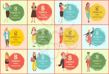 Happy womens day, 8 March in colorful round, postcard set decorated by girl with bouquet of flowers, full length view of females with flavor vector