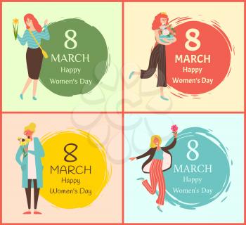 8 March greetings vector, women holding bouquet, happy girls embracing flavor, portrait and side view of females with flowers, Ladies international holiday