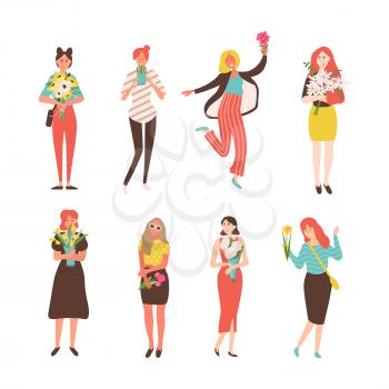 Girls showing emotions vector, isolated women set, females holding flowers. Bouquet of roses and tulips, blossom of spring, march holiday celebration