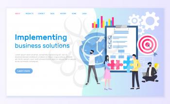 Implementing business solutions vector, teamwork and plan on notepad with check marks. Charts and target with arrow, male and female entrepreneurs