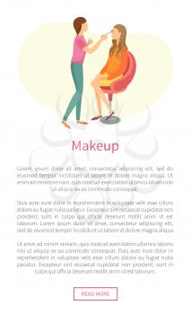 Makeup web poster with stylist making fashion glamor maquillage to client in chair vector, text sample. Professional make up studio leaflet, cosmetician