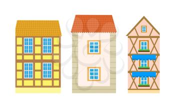 Building outside view, colorful roofs and design walls of construction with windows and balconies. Flat style exterior of residence or villa vector