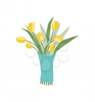 Flowers of yellow color vector, isolated spring icon of tulips put together. Blue paper wrapping, blossom with leaves, long shaped foliage 8 march decor