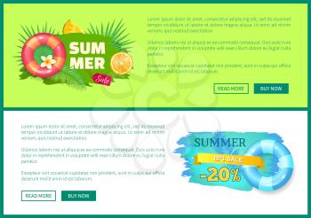 Summer sale web poster with life buoy, citrus orange fruits and palm trees and promo leaflet on aquatic theme summertime big sale 20 percent off