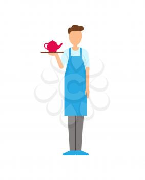Servant wearing special uniform with apron vector. Worker carrying kettle with tea, person working in cafe. Eatery staff, employee serving people