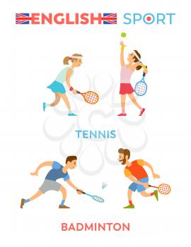 English sport vector, tennis and badminton players people wearing special uniform, flat style isolated playing youth. Girl with racket and balls set