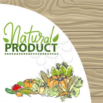 Natural products vector, bio food harvesting banner, corn and pepper, foliage and carrot pumpkin and onion meal fresh harvest organic fruits veggies. Logo for menu of bio products on wood background