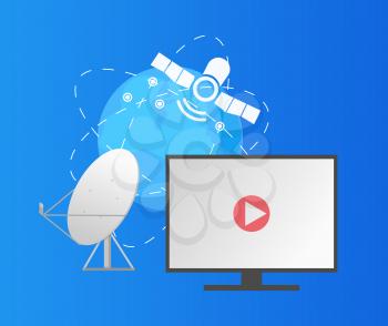 Satellite and globe vector, cellular communication, dish and monitor with play button flat style, Floating spaceship searching for signal and connection