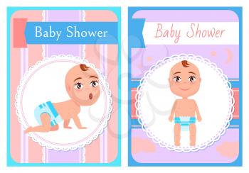 Baby shower posters, newborn on all fours and standing on foot vector. Infants milestones, cartoon boy or girl toddler stares at face from round frame