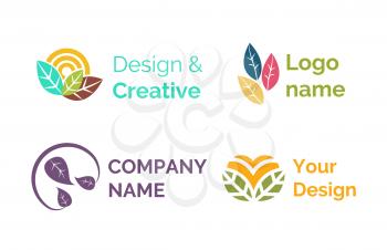 Design and creative logotypes for companies vector, set of isolated icons, emblems with leaves and foliage. Circles and abstract emblems, logo slat style