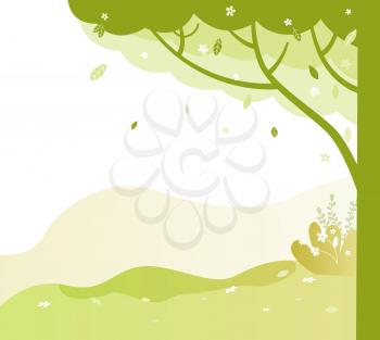 Trees with trunks and branches vector, park in summer and spring. Greenery of natural place, environment with bushes and grass, foliage and leaves