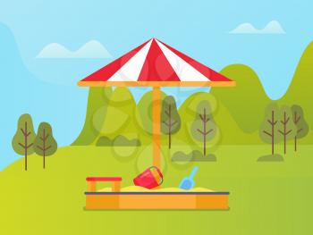 Sandbox with umbrella red striped tent, bucket and shovel in sand, wooden seat. Mountain landscape and green trees, cloudy sky, playground vector