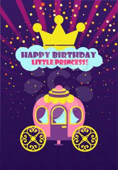 Happy birthday little princess greeting card decorated by crown and carriage. Kids postcard in purple color and points, flat design of coach vector