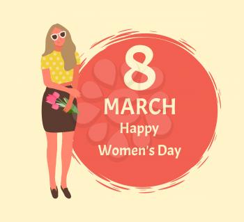8 march celebration of womens day international holiday. Special gift on occasion, stylish lady wearing glasses and painted circle. Girl holding pink tulips vector