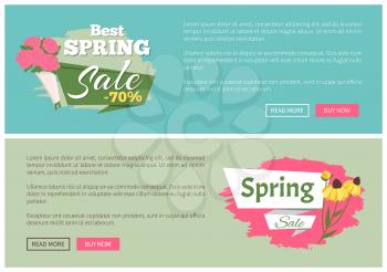 Sale, discount and best offer, label for springtime promotion and advertising, daisy bouquet. Advertisement decorated by flowers, greeting for ladies vector. Website with links buy and read now