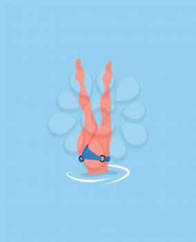 Woman diving legs up, diver in bikini suit isolated in blue sea waters. Vector girl snorkeling, beautiful feets above head, person relaxing at resort