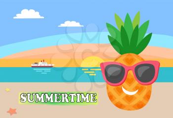 Summertime card with pineapple dressed in sunglasses on background of coast line. Vector tropical fruit and sunset, yacht in sea, shore and cartoon food