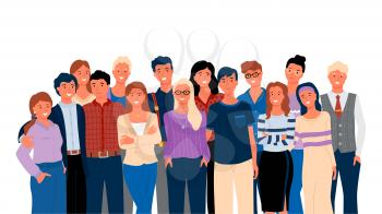 Crowd posing together, group portrait view, smiling people in casual clothes, hugging men and women. Embracing friends or relatives, meeting vector
