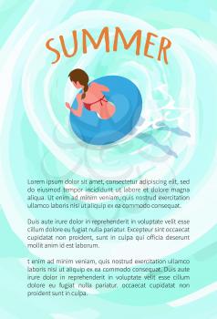 Summer poster with text sample, woman in bikini swimming in inflatable round ring. Vector girl back view in rubber donut sunbathing, person resting at sea