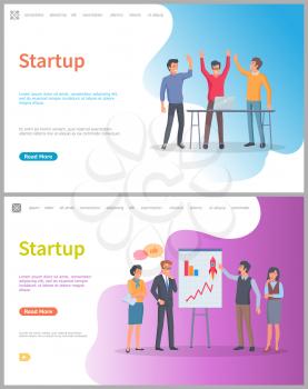 Presentation on whiteboard, startup ideas on board vector. Achieving success, partners at conference, men giving high five, digital development. Website or webpage template, landing page flat style