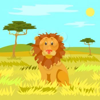 Wild nature of Africa safari vector, lion on grass. Carnivore king of animals, sunshine and fair weather, trees and heat. Leo with furry brown coat