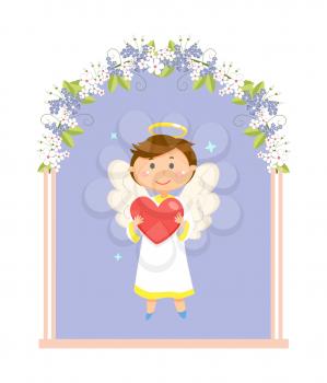 Valentines day holiday, angel or cupid in wedding flower arch vector. Love and affection, relationship celebration, boy with halo and wings, ceremony