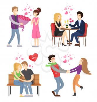 Man presenting luxury bouquet of flowers to woman, couple in restaurant, lovers hugging on bench, holding hands vector cartoon characters isolated set