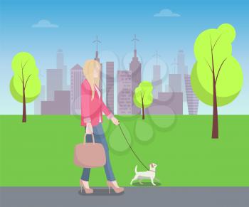 Woman walking with pet in park, colorful poster, lady in pink jacket with big handbag, heeled shoes, cute dog, trees and grass, vector illustration