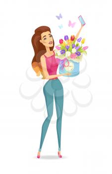 Woman and bouquet in box with ribbon and bow, poster with tulips and roses with gerbera, selfie and good emotions, isolated on vector illustration